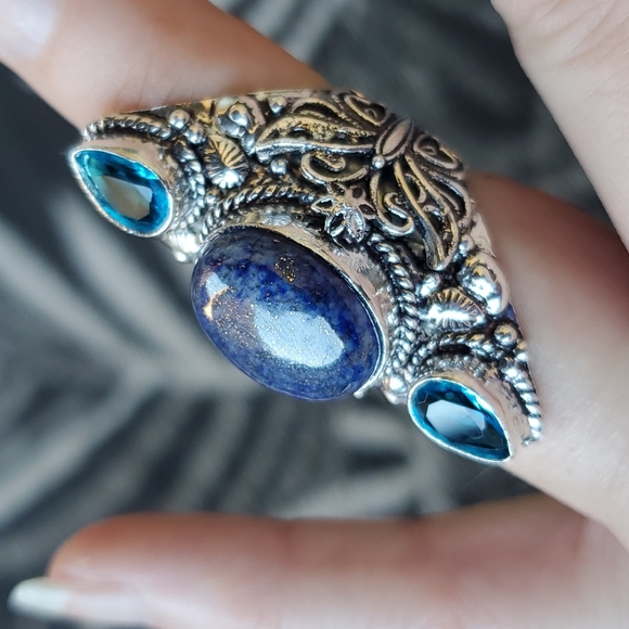 New Lapis Lazuli & Blue Topaz 925 Silver Butterflies Statement Ring. - Picture 6 of 14